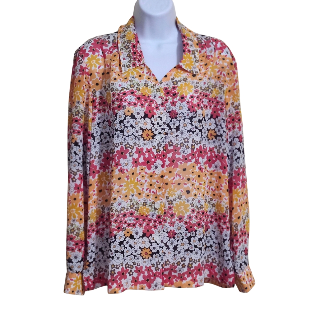 Daisy Floral Lightweight Button Up Top Pink‎ Yellow 70s Hippie Blair Size Medium